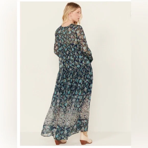Free People Blue See It Through Floral Long Sleeve Maxi Dress size XS new - Picture 3 of 6